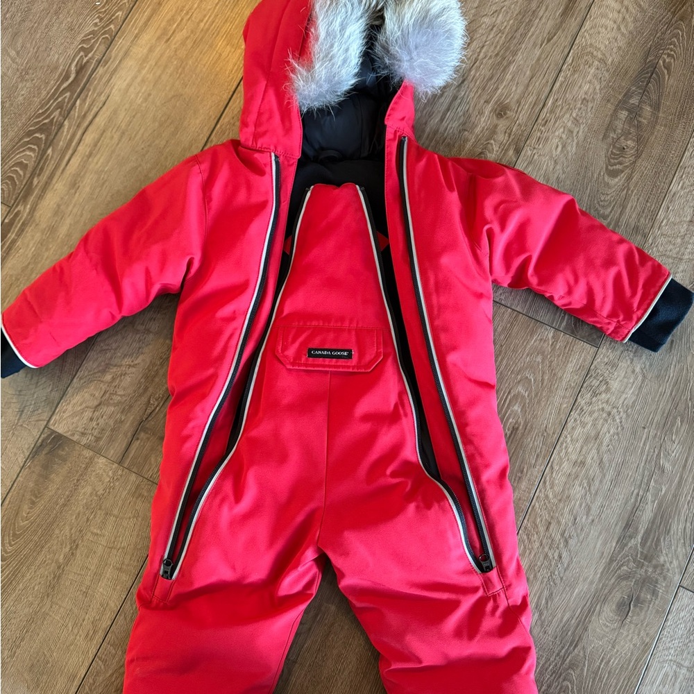 Canada Goose Kids Red Puffer Snowsuit with Fur-Trim Hood
